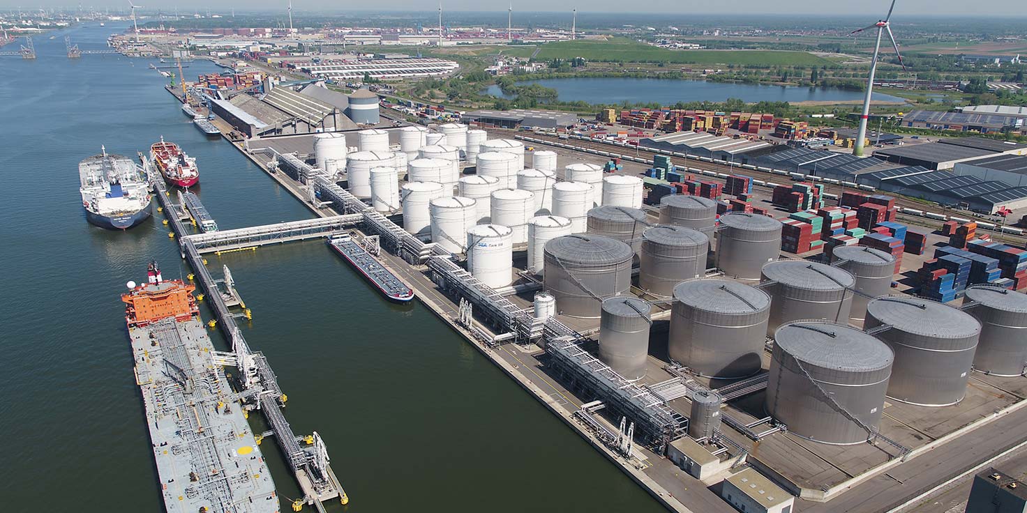 Aerial view of Houston terminal showing extensive tank farms and shipping facilities along the Houston Ship Channel
